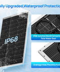 Top Shelf 100 Watt Solar Panel 18 Volt Monocrystalline Module showing IP68 waterproof features and drainage hole for off grid use.