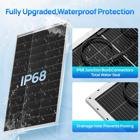 Top Shelf 100 Watt Solar Panel 18 Volt Monocrystalline Module showing IP68 waterproof features and drainage hole for off grid use.