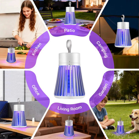 Collage of Portable Mosquito Zapper For Indoor And Outdoor Use USB Rechargeable Electric Fly Swatter With Safe Grid And Purple LED in various settings, including kitchen, patio, camping, office, and garden