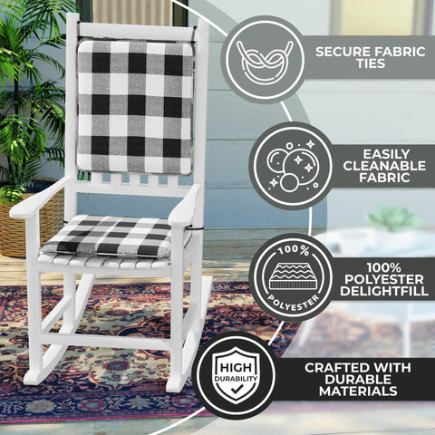 Comfy Porch Rocking Chair Cushions Set For Indoor And Outdoor Use With Secure Ties Easy To Clean 20 By 17 By 2 Inches Jurby Black White Assembled In The USA shown on rocking chair.