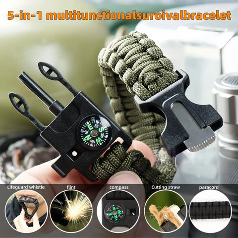 5 In 1 Paracord Survival Bracelet With Compass Fire Starter Whistle Glass Breaker And Paracord For Camping Hiking Hunting