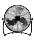 Front view of 20 Inch High Velocity Industrial Floor Fan with 3 speeds, tilt head, metal housing, black for garage gym warehouse.