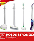 Smooth Broom And Mop Gripper Organizer With Adhesive Strips For Damage Free Hanging Holds Up To Four Pounds For Handles Ranging From Point Eight To One Inch Handy Home Cleanup Solution holding cleaning tools.