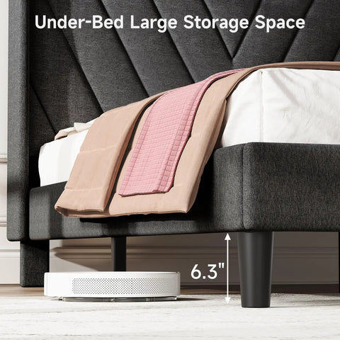 Prime Queen Platform Bed Frame Featuring Adjustable Wingback Headboard And Built In Type C Usb Charging Ports, showing under-bed storage space.