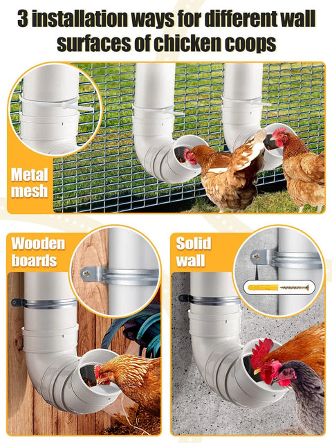 3 installation methods for No Mess Automatic Chicken Feeder Designed To Slash Feed Costs Thickened PVC Wall Mount Poultry Dispenser.