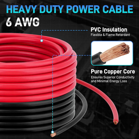 6 AWG Battery Cable Set 20ft Black and 20ft Red, Pure Copper Heavy Duty Wire With Terminal Lugs and Heat Shrink Tubing, Built for Cars RVs Boats Inverters Solar and Welding Projects, coiled red and black
