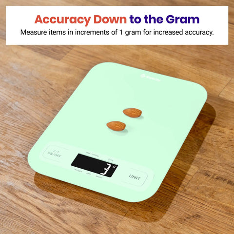 Reliable 5000 G Digital Kitchen Scale With 1 G Precision, Tare Function, And Multi Unit Readouts Including Oz, Lb Oz, Fl Oz, G, And Ml, Big Easy To Read Display For Quick Everyday Cooking Prep on mint scale showing 3 g and almonds