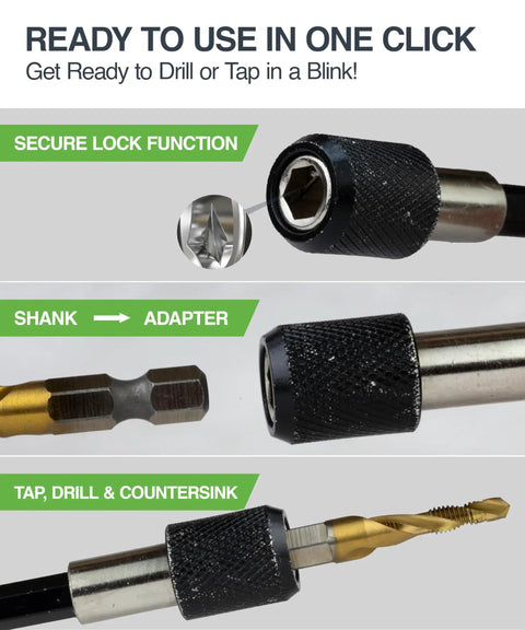 Close-up of 13 Piece HSS Titanium Coated Drill Tap Bit Set For Drilling Tapping And Countersinking SAE And Metric Pro Grade Do It All 3 In 1 Bits With One Quarter Inch Hex Shank And Quick Change Adapter Includes Storage Case For Metal And Wood showing adapter and bit details.