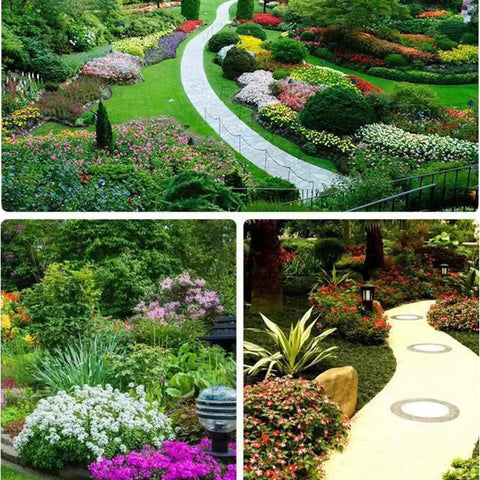 Beautifully landscaped garden paths and flower beds suitable for 40 Ft Garden Landscape Edging Kit With 40 Spikes Black 2 Inch Tall Paver Edging.