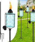 Set Of Four Glass Garden Torches For Backyard And Outdoors 12 Oz Citronella Torches With 61 Inch Height And Five Prong Grounded Stake.
