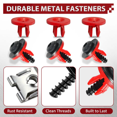 Heavy Duty T30 Torx Engine Splash Shield Screws And U Bolt Clips 10 Set Fits Ford Escape Fusion F150 Explorer Undertray Skid Plate Hardware Kit showing durable red fasteners with metal backing.