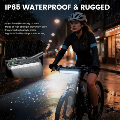Biker using Ultra Bright 5000 Lumen Bike Front Light And Taillight Combo USB Rechargeable Waterproof 17 LED Headlight in rain
