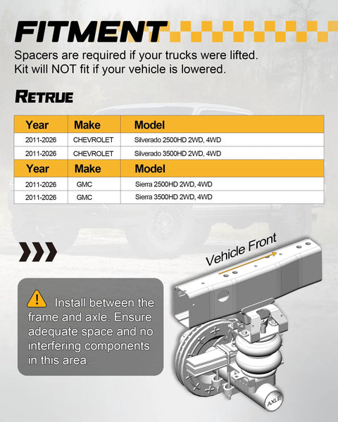 Fitment details for Heavy Duty Rear Air Bag Suspension Kit For Chevrolet Silverado 2500HD and GMC Sierra 3500HD 2011 through 2026.
