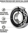 Cross-section view of premium quality 6203-2RS chrome steel sealed ball bearing with material purity indicators.