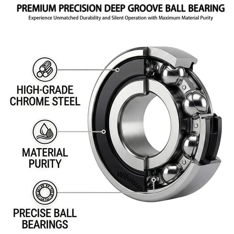 Cross-section view of premium quality 6203-2RS chrome steel sealed ball bearing with material purity indicators.