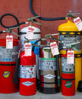 Bulk Fire Extinguisher Inspection Tags Kit With 200 Tags, 200 Adjustable Zip Ties, And 200 Monthly And Annual Safety Tags on extinguishers.