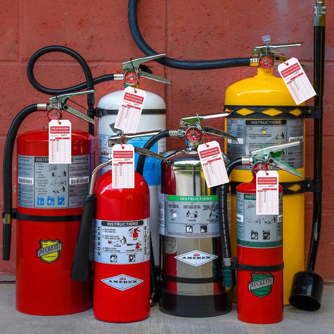 Bulk Fire Extinguisher Inspection Tags Kit With 200 Tags, 200 Adjustable Zip Ties, And 200 Monthly And Annual Safety Tags on extinguishers.