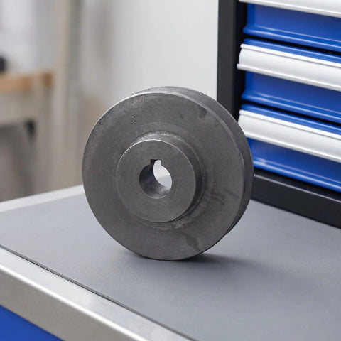 Sturdy Single Groove Cast Iron Motor Pulley With 100Mm O D And 19 Mm Bore For Air Compressor Shaft Replacement Easy Install And Smooth V Belt Drive Rotation on a workbench.
