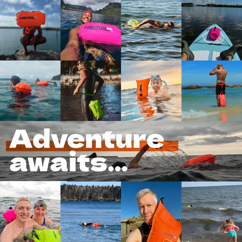 Collage of swimmers using Open Water Swim Buoy With 15L Dry Bag and Rest Handle in various water settings.