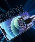 Heavy Hitter 320W USB Type C Car Charger Six Port PD Fast Charge Adapter on smartphone display with vibrant background.