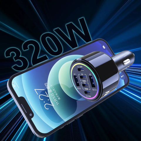 Heavy Hitter 320W USB Type C Car Charger Six Port PD Fast Charge Adapter on smartphone display with vibrant background.