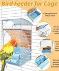 Foolproof Transparent Bird Feeder With Sturdy Perch, Spill Proof Acrylic Cage Food Container For Budgies Cockatiels And Parakeets, Hassle Free No Mess Daily Feed Dispenser Blue showing food compartment and feeding perch.