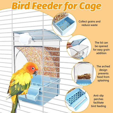 Foolproof Transparent Bird Feeder With Sturdy Perch, Spill Proof Acrylic Cage Food Container For Budgies Cockatiels And Parakeets, Hassle Free No Mess Daily Feed Dispenser Blue showing food compartment and feeding perch.