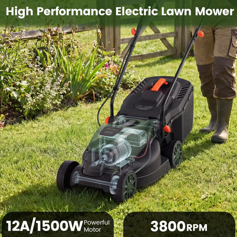 Corded 14 Inch Electric Push Lawn Mower With 3 Position Height Adjustment 9.3 Gallon Grass Collection Box 12 Amp Motor 1500W Power Lightweight Walk Behind Mower Easy To Maneuver For Small To Medium Yards Green on grass