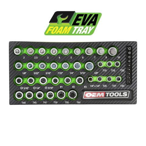 44 Piece Torx Socket Set For Auto Work With 1/4 And 3/8 Inch Drives in EVA foam tray showing all sizes