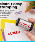 Heavy Duty Self Inking Rubber Office Stamp Printing Crisp Closed Messages In Bold Red Ink With A Quick Swap Replaceable Pad built for easy stamping.