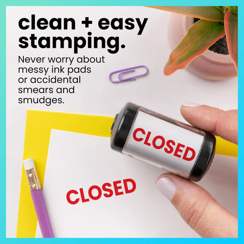 Heavy Duty Self Inking Rubber Office Stamp Printing Crisp Closed Messages In Bold Red Ink With A Quick Swap Replaceable Pad built for easy stamping.