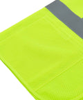 Heavy Duty Hi Vis Class Two Safety Vest With Zip Front Closure Breathable Mesh Backing Two Roomy Pockets And Handy Mic Tab For Radios In Vivid Lime close-up of breathable mesh backing and pocket.