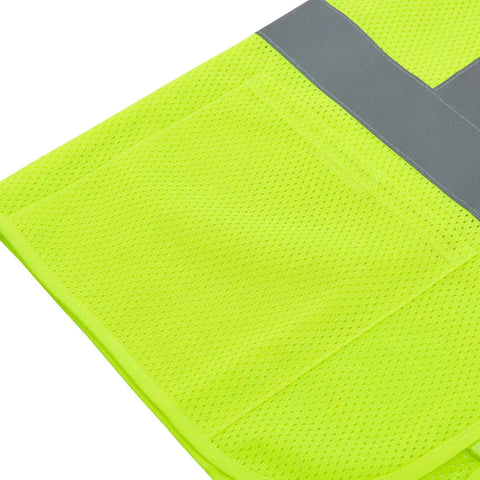Heavy Duty Hi Vis Class Two Safety Vest With Zip Front Closure Breathable Mesh Backing Two Roomy Pockets And Handy Mic Tab For Radios In Vivid Lime close-up of breathable mesh backing and pocket.
