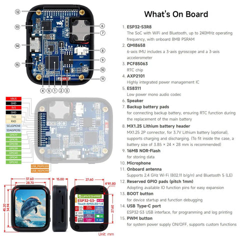 Dope Esp32-S3 1.8 Inch Amoled Touch Screen Module Featuring Ft3168 Capacitive Chip and Xtensa Dual Core Processor with detailed component overview.