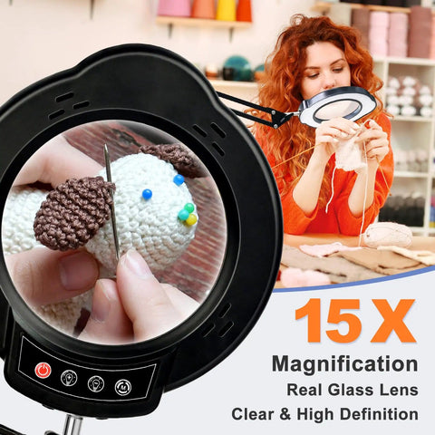 15X Lighted Magnifying Glass With Clamp Desk Lamp LED Magnifier used in crafting, highlighting knitted toy details