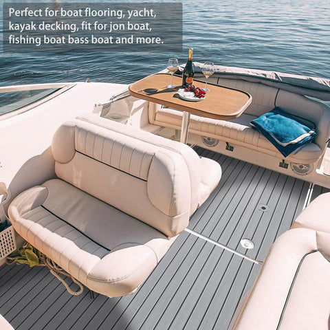 EVA Foam Boat Decking With 3M Self Adhesive Backing Faux Teak Marine Flooring Non Slip Pad shown on yacht deck with seating area