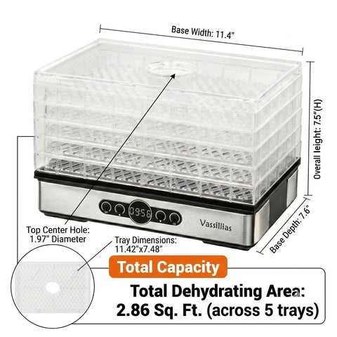 Compact Food Dehydrator Dryer With Adjustable Temp Control And Smooth Airflow Design, measuring 11.4" x 7.5", features 5 trays.