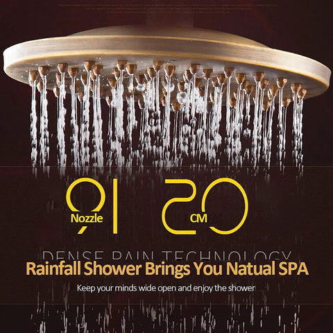 Top Shelf Antique Brass Shower System With Swivel Tub Spout And Adjustable Handheld Sprayer Featuring 8 Inch Rain Shower Head for bathrooms, showing 8 inch rainfall shower head with water flowing.