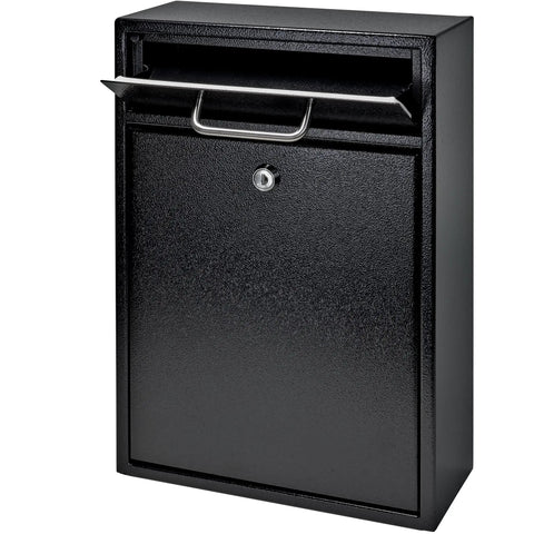 Rugged High Security Steel Locking Wall Mounted Mailbox Drop Box With Anti Pry Latch Night Drop Key Drop Interoffice Mail Payment Drop 12 Disc Wafer Lock Chrome Alloy Hook Cam Black Finish
