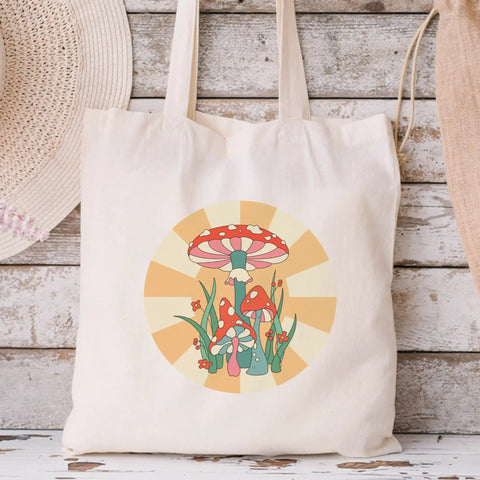 Lightweight Inkjet Printable Heat Transfer Paper For Light Fabrics Iron On HTV Sheets 8x11 Inches 25 Sheets Made In USA Perfect For T Shirts Hoodies Bags And Hats printed on tote bag with mushroom design.