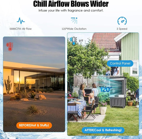 Beefed-Up Portable Evaporative Cooler With 100L Water Tank, Insanely Strong 10000 Cubic Meters Per Hour Airflow, Auto Water Supply, And Wide Oscillation, Heavy-Duty Swamp Cooler For Large Warehouses, Workshops, And Open Spaces, 120° oscillation cooling a backyard gathering