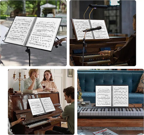 60 Pocket Portfolio Binder With Plastic Sleeves 120 Page File Organizer displaying sheet music over musical instruments.