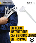 Man in blue overalls holding wrenches next to 5304511344 Switch Replacement For Frigidaire Washer Replaces AP6261630 4584286 PS12176468.