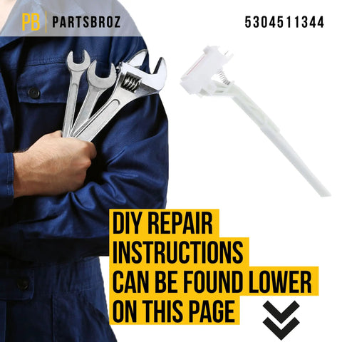 Man in blue overalls holding wrenches next to 5304511344 Switch Replacement For Frigidaire Washer Replaces AP6261630 4584286 PS12176468.