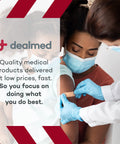 Front view: Dealmed flexible fabric oval adhesive bandage applied to a patient’s upper arm; latex-free with non-stick pad