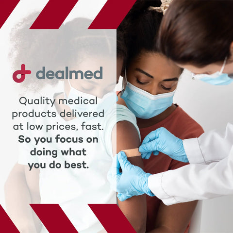 Front view: Dealmed flexible fabric oval adhesive bandage applied to a patient’s upper arm; latex-free with non-stick pad