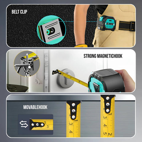 3-In-1 Laser Tape Measure With Cross Line, 196ft Rangefinder, 16ft Auto-Lock Magnetic Tape, Converts Inches Feet Meters And Linear Area Volume For DIY Pros, Woodworking And Construction Layouts, belt clip and magnetic hook shown