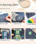 Step-by-step guide for All In One Darning Kit For Quick Mends Mushroom Patch Loom Set with 14 Hooks showing repair process.