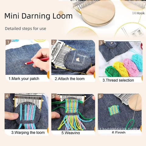 Step-by-step guide for All In One Darning Kit For Quick Mends Mushroom Patch Loom Set with 14 Hooks showing repair process.