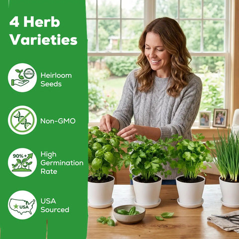 Woman tending plants from Indoor Herb Garden Starter Kit For Home Chefs And Plant Lovers Full Complete Pack with Non GMO Heirloom Seeds